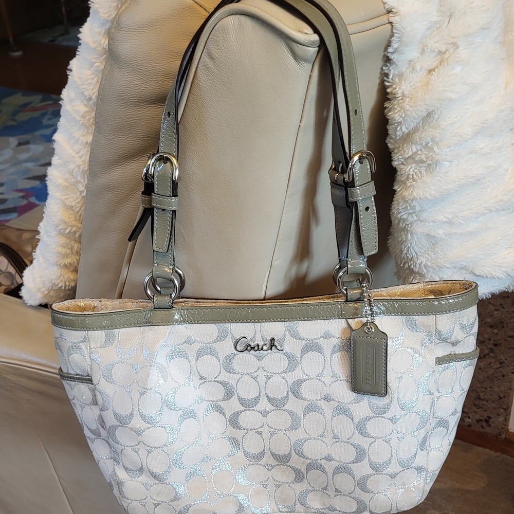 Coach White and Gray Signature Tote Bag Shoulder Bag Metallic Signature C F17024